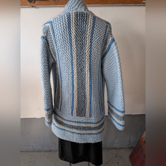 Hand Knitted Hooded Blue and White Sweater Coat Oversized Bohemian XL - Picture 2 of 3